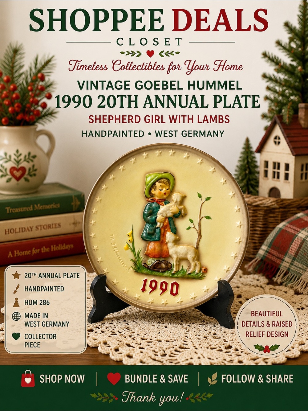 Vintage Goebel Hummel 1990 20th Annual Plate Hum 286 Shepherd Girl Lambs
